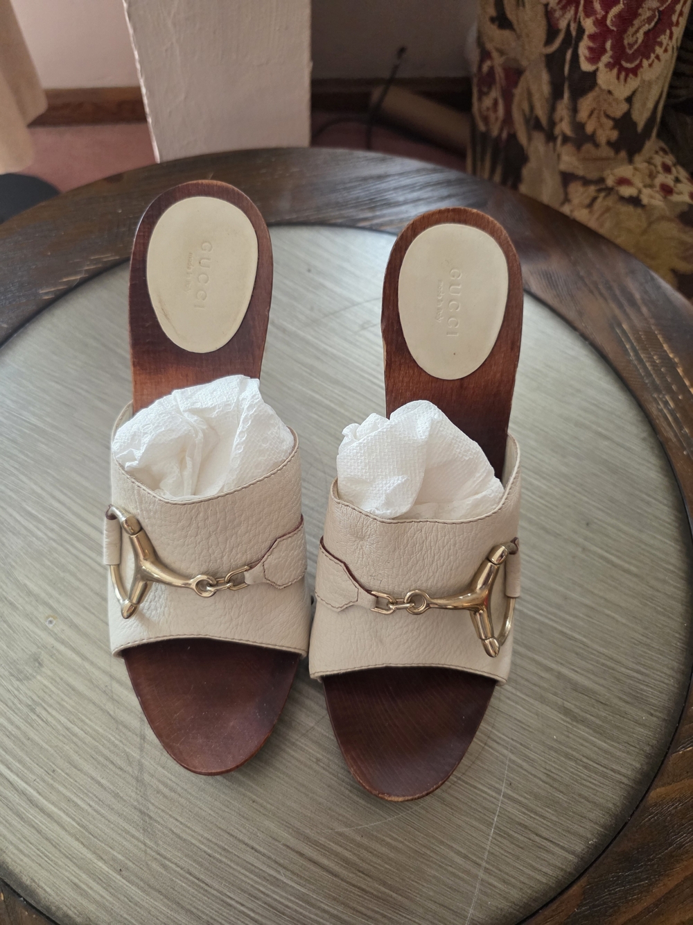 Gucci Cream Leather Horsebit Slide Mules with Wood Heel